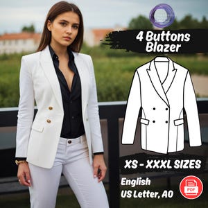 Women Blazer Sewing Pattern, 4 Button Long Jacket PDF Pattern, Formal Coat for Suit