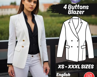 Women Blazer Sewing Pattern, 4 Button Long Jacket PDF Pattern, Formal Coat for Suit