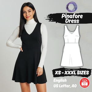 Patrón de costura para vestido tipo delantal, vestido corto holgado con escote en V para mujer, tutorial en PDF