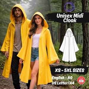May include: A bright yellow Unisex Midi Cloak with a hood, worn by two people in a forest setting. The cloak is open in the front and reaches mid-calf. Text on the image reads "XS-5XL SIZES" and "English - A0 US Letter/A4".