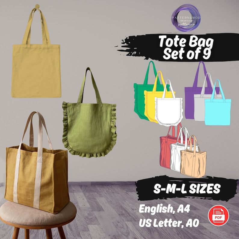 Tote Bag Sewing Pattern Bundle, Shopping Bags Set Patterns, Easy 9 Sizes Pouch Project image 1