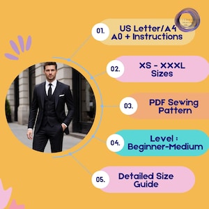 May include: A man in a black suit with a white shirt and black tie. The image includes text that says "US Letter/A4 A0 + Instructions", "XS - XXXL Sizes", "PDF Sewing Pattern", "Level: Beginner-Medium", and "Detailed Size Guide".