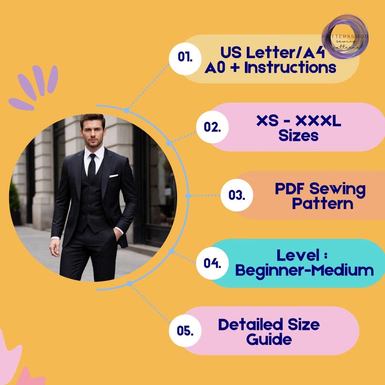 May include: A man in a black suit with a white shirt and black tie. The image includes text that says "US Letter/A4 A0 + Instructions", "XS - XXXL Sizes", "PDF Sewing Pattern", "Level: Beginner-Medium", and "Detailed Size Guide".