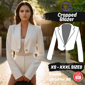 Patrón de costura para blazer de mujer, chaqueta corta moderna, patrón PDF para abrigo corto con botones
