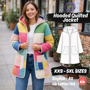 Patrón de costura para chaqueta acolchada, abrigo con capucha de largo mini, tutorial de costura, tallas XXS-5XL, cárdigan de manga larga