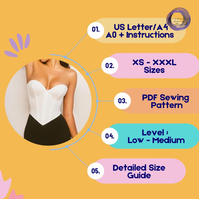 Pu&ograve; includere: Un top a corsetto bianco senza spalline e una gonna nera sono raffigurati. Il testo su sfondo giallo indica che il modello include US Letter/A4, istruzioni A0, taglie XS-XXXL, un modello di cucito PDF, un livello basso-medio e una guida alle taglie dettagliata.