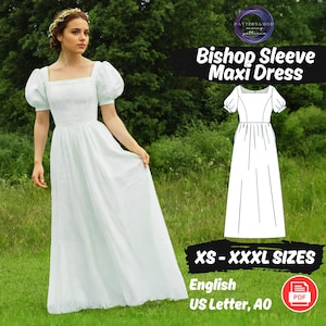 Patrón de costura para vestido maxi con mangas abullonadas, vestido de lino con cuello cuadrado, patrón en PDF, vestido estilo cottagecore con mangas obispo.