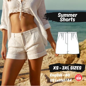 Puede incluir: Un patrón de costura para pantalones cortos de verano de lino blanco en tallas XS-3XL. El patrón está disponible en inglés en tamaños A0 y US Letter/A4. El patrón está en formato PDF.