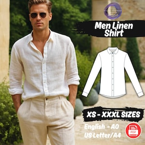 Men&#39;s Linen Shirt Sewing Pattern, Long Sleeve Man Blouse Pattern, Button Loose Shirt Pattern, Summer Outfit Shirt Pattern for Men