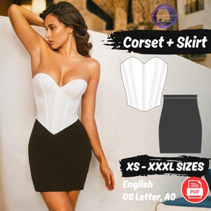 Conjunto de moldes para costura de corset abaixo do busto e saia lápis, modelo em PDF para bustiê com decote coração