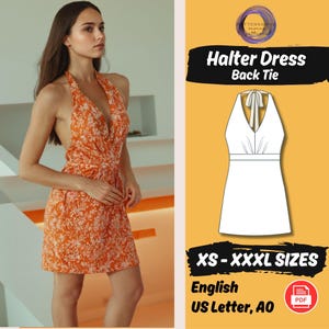 Halter V Neck Dress Pattern, Back Tie Dress Sewing Pattern, Easy Prom Dress Pattern, Summer Mini Babydoll Dress Pattern