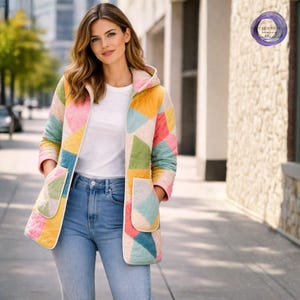Hooded Jacket Sewing Pattern Pockets Patchwork Quilted Coat Sewing Tutorial XXS-5XL Download image 2