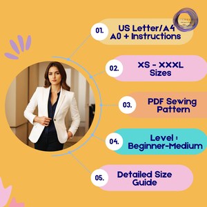 Suit Blazer Sewing Pattern, Women Jacket, Office Classic Coat PDF Pattern image 5