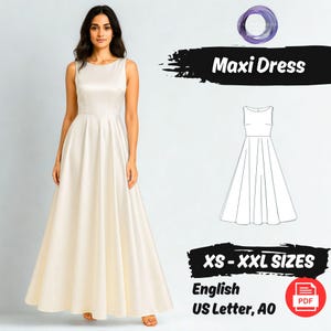 Könnte beinhalten: Ein ärmelloses, elfenbeinfarbenes Maxikleid mit eng anliegendem Oberteil und fließendem Rock. Das Kleid hat einen runden Ausschnitt und eine definierte Taille. Das Bild enthält auch eine Strichzeichnung des Kleides und den Text "Maxi Dress" und "XS - XXL SIZES".