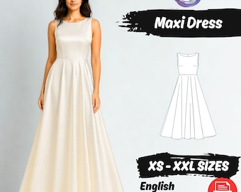 U-Boot-Ausschnitt Maxi-Kleid Schnittmuster Frauen Abend Kreis Kleid Kleid Digital Anleitung