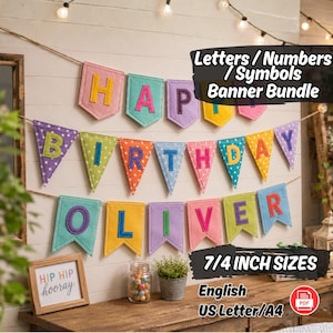 May include: A felt banner bundle featuring colorful pennants with letters and numbers. The banner displays the text HAPPY BIRTHDAY OLIVER in various colors and patterns. The bundle includes 7/4 inch sizes and is compatible with US Letter and A4 paper.