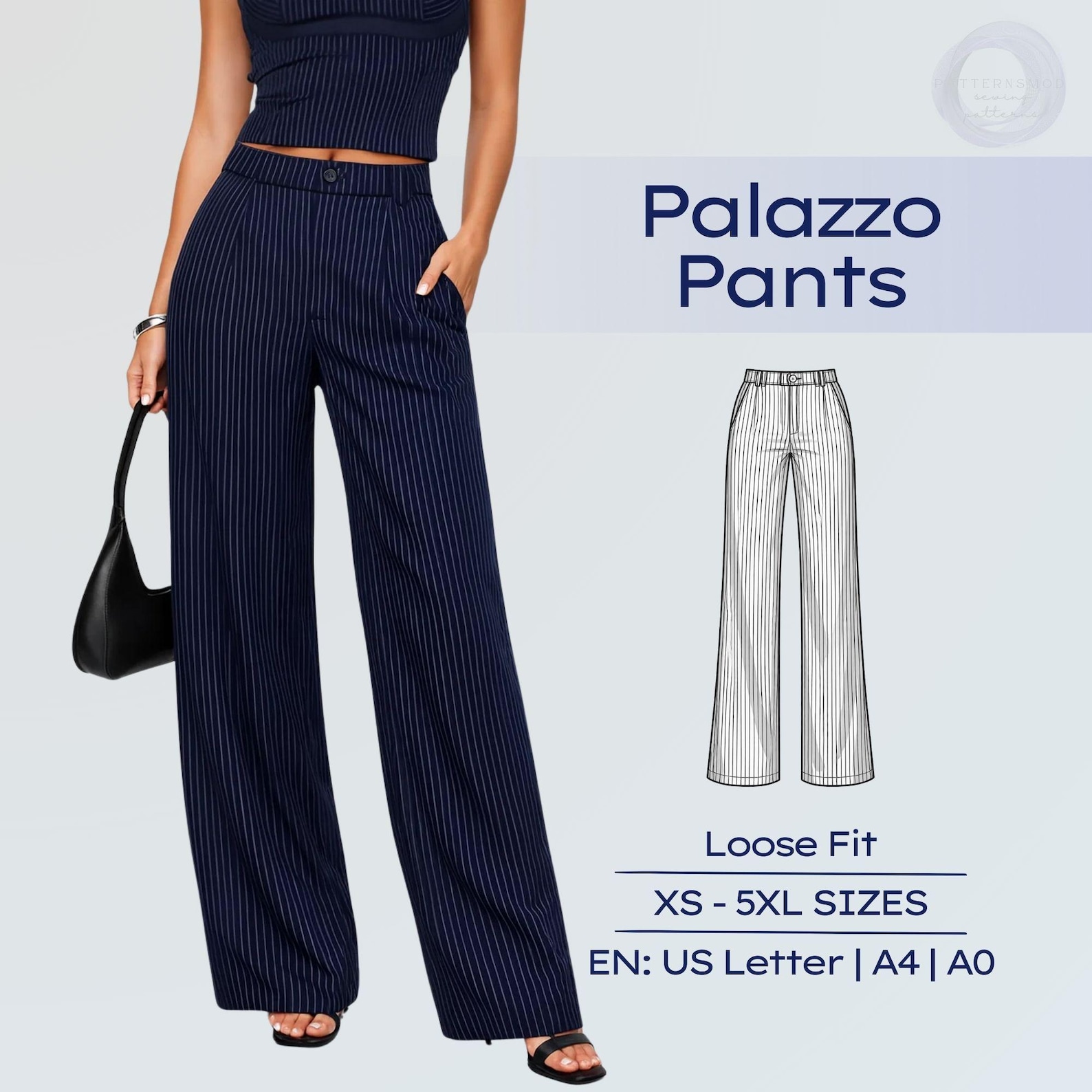 Women Palazzo Pants Sewing Pattern Wide Leg Trousers With Pockets XS ...