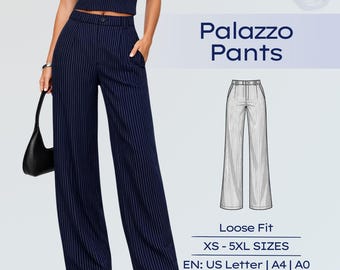 Women Palazzo Pants Sewing Pattern Wide Leg Trousers with Pockets XS - 5XL Sewing Patterns