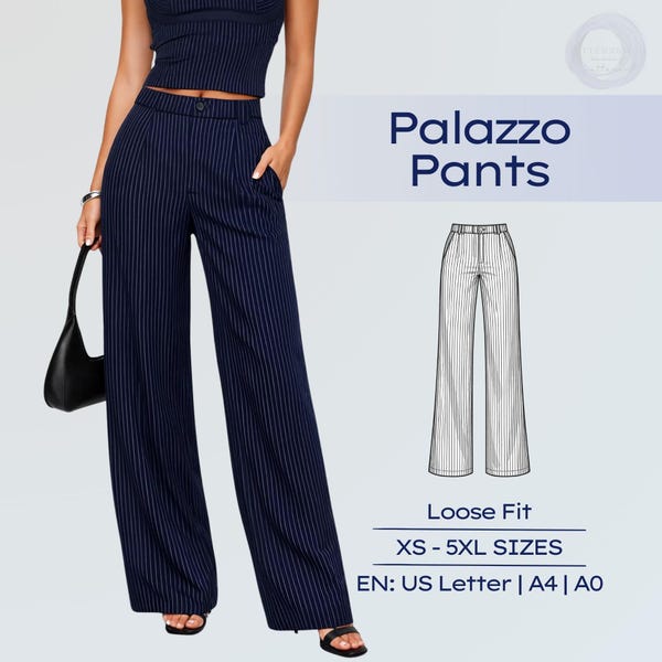 Women Palazzo Pants Sewing Pattern Wide Leg Trousers with Pockets XS - 5XL Sewing Patterns
