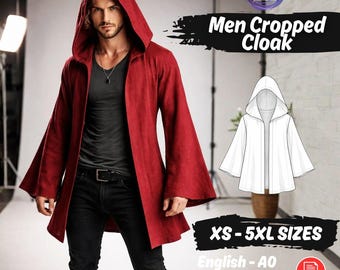 Patrón de capa con capucha, capa de hombre con mangas acampanadas para cosplay, patrón de costura, capa con capucha élfica