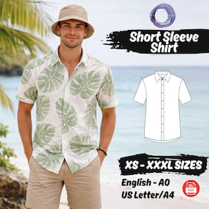 Molde para camisa masculina havaiana de manga curta, tutorial de costura para roupas masculinas dos tamanhos XS ao 5XL, download em PDF.