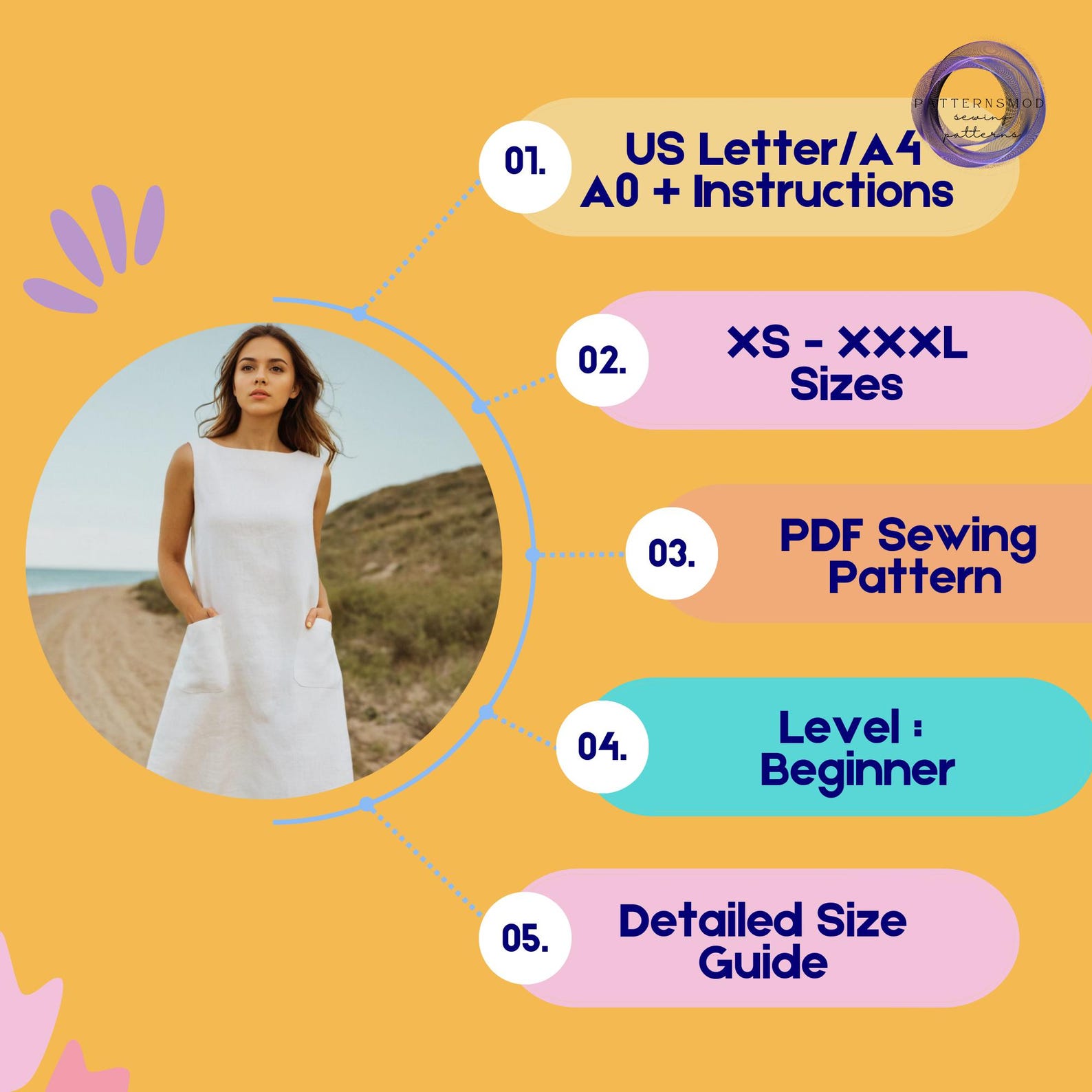 A Line Dress Sewing Pattern Pocketed Linen Dress Pattern, Sleeveless ...