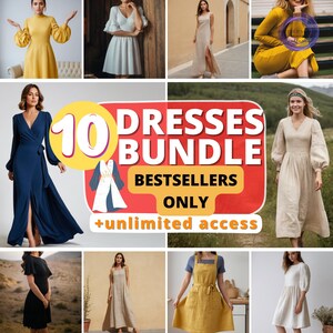 May include: A collage of 10 different dress designs, featuring a variety of styles, colors, and fabrics. The text "10 Dresses Bundle Bestsellers Only + unlimited access" is displayed in the center of the image.