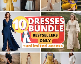 Dress Sewing Pattern Bundle, Cottagecore, Linen, Bishop Sleeve, Wrap, Pinafore PDF Pattern