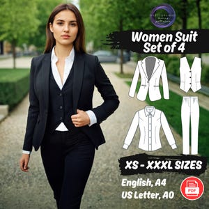 女性用スーツ縫製パターンセット、ブレザー、ベスト、ウエストコート、シャツ、パンツのPDFパターンバンドル