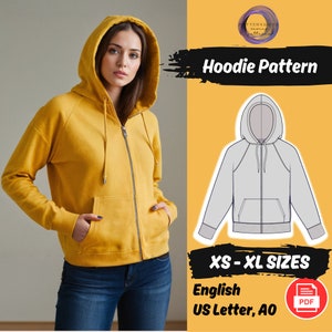 Könnte beinhalten: Ein digitaler Download-Schnittmuster für einen Hoodie mit Reißverschluss. Das Schnittmuster ist in den Größen XS bis XL erhältlich und wird auf US Letter und A0 Papier gedruckt. Das Schnittmuster ist in englischer Sprache.