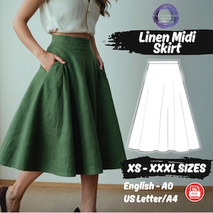 Mönster för A-linjeformad midikjol i linne, Cottagecore-fickor i PDF-format