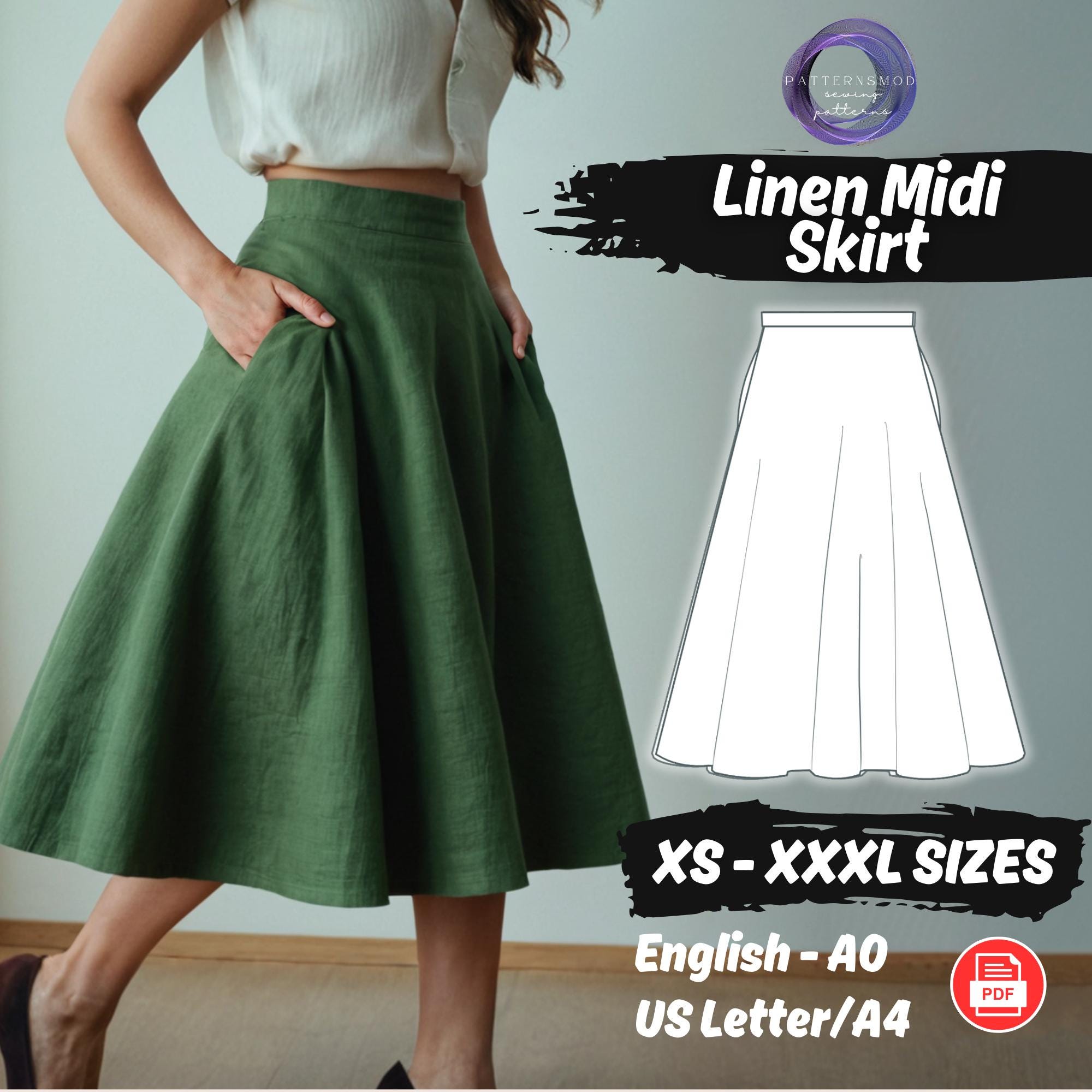 Linen Midi Dress Sewing Pattern A Line Women Dress Pattern, Vintage Pockets Skirt Sewing Pattern, Cottagecore Maxi Skirt Sewing Pattern