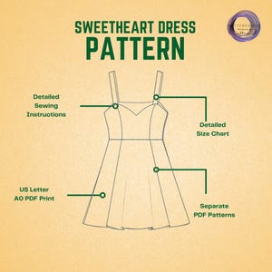 Peut inclure: Un dessin au trait d'un patron de robe &agrave; d&eacute;collet&eacute; c&oelig;ur avec des instructions de couture, un tableau des tailles et des patrons PDF s&eacute;par&eacute;s. Le patron est disponible en formats d'impression PDF US Letter et A0.