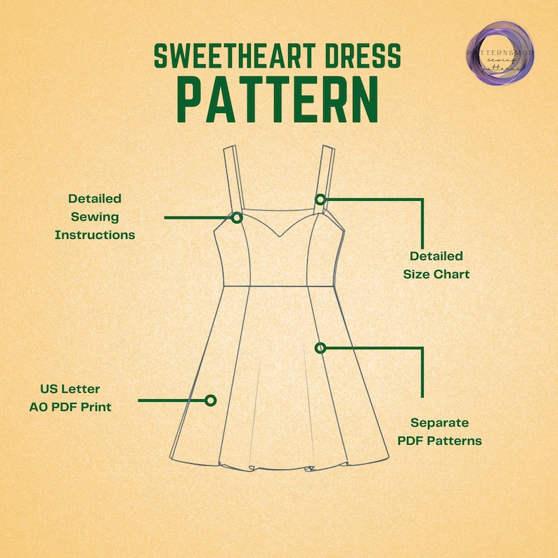 Peut inclure: Un dessin au trait d'un patron de robe &agrave; d&eacute;collet&eacute; c&oelig;ur avec des instructions de couture, un tableau des tailles et des patrons PDF s&eacute;par&eacute;s. Le patron est disponible en formats d'impression PDF US Letter et A0.