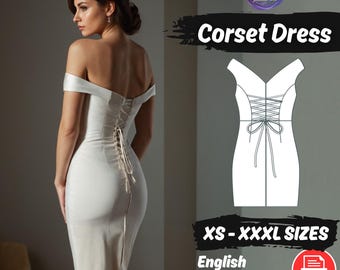 Back Tie Corset Dress Sewing Pattern | Off Shoulder Slit Bustier Outfit Dress