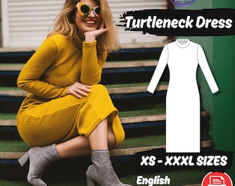Bodycon Midi Dress Sewing Pattern, Long Sleeve Turtleneck Dress for Women Digital Project