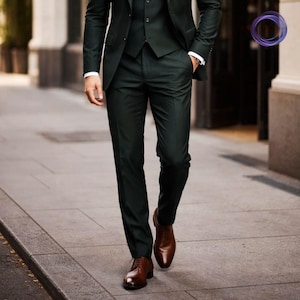 May include: A three-piece dark green suit with a matching jacket, vest, and trousers. The suit is paired with a white dress shirt and brown leather shoes. The image shows a person walking on a sidewalk.