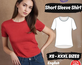 May include: A digital sewing pattern for a short sleeve shirt. The pattern includes sizes XS to XXXL and is available in English, US Letter, and A0 formats. The pattern is in PDF format.