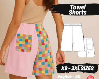 Patrón de costura para pantalones cortos de toalla, patrón PDF para pantalones cortos de mujer con cintura elástica y bolsillo