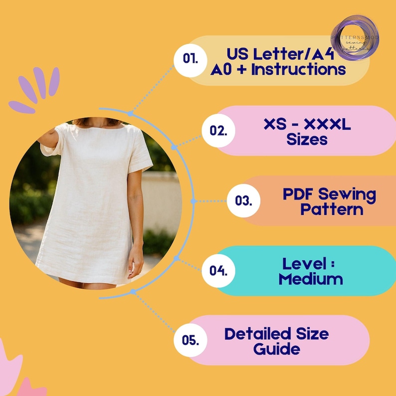 Linen Mini Dress Sewing Pattern, Flare Sleeve Dress with Boat Neckline Instant Download Tutorial image 6