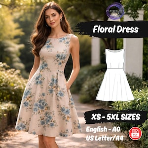 May include: A sleeveless floral dress in a beige fabric with blue floral patterns. The dress has a fitted bodice and a flared skirt. The image also includes a line drawing of the dress and text that reads "Floral Dress" and "XS-5XL SIZES".