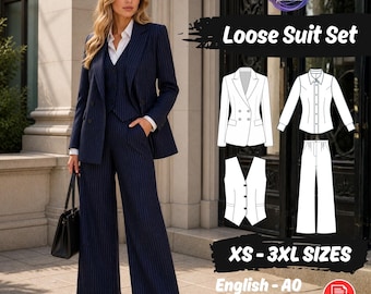 Frauen Lose Büro Bundle-Schnittmuster, 4-Knopf-Blazer, Hemd mit Kragen, Hose mit weitem Bein, trendige Weste