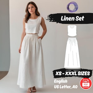 May include: A white linen set with a cropped tank top and a maxi skirt. The set is available in sizes XS-XXXXL and comes with English instructions in US Letter and A0 format. Linen Set.
