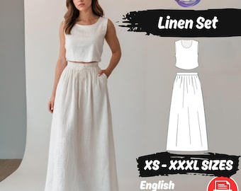 Maxi Skirt Crop Top Sewing Pattern Set, Linen Crop Top Pockets Skirt Pattern, Gathered Skirt Pattern, Tank Top Pattern, Women Linen Set
