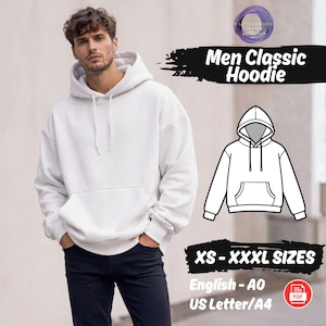 May include: A white hoodie with a front pocket and drawstring hood. The image includes a diagram of the hoodie and text that reads "Men Classic Hoodie" and "XS-XXXL SIZES". The hoodie is shown on a person wearing black jeans.