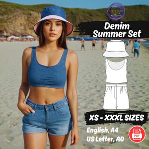 Naaipatroon spijkerbroek, dames zomer emmerhoed patroonset top en shorts, patroon tanktop, patroon spijkerbroek, patroon denim short, omkeerbare emmerhoed