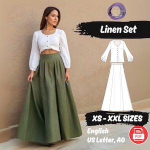 May include: Linen Set sewing pattern in XS-XXL sizes. The pattern includes a long-sleeved top with a button-up front and a gathered skirt. The pattern is available in English and is printed on A4 paper.