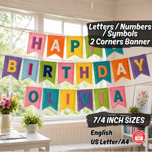 May include: A multi-colored felt banner spelling HAPPY BIRTHDAY OLIVIA with individual pennant flags in pink, orange, yellow, green, blue, and purple. The banner is strung on twine and features 7/4 inch sizes for letters, numbers, and symbols.