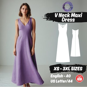 Maxi Leinenkleid Schnittmuster, A-Linie Maxi Kleid Schnittmuster, V-Ausschnitt Kleid Schnittmuster, ärmelloses Sommerkleid Schnittmuster