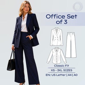 Op de afbeelding: Een marineblauw kantoor pak met krijtstreep, bestaande uit een blazer, broek en een wit overhemd met knopen. De afbeelding toont ook een diagram van de set en de tekst "Office Set of 3", "Classic Fit" en "XS-3XL SIZES".
